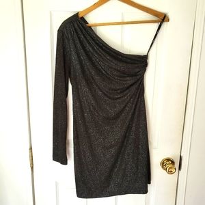 Glittery, scrunched hip, off-the-shoulder mini dress